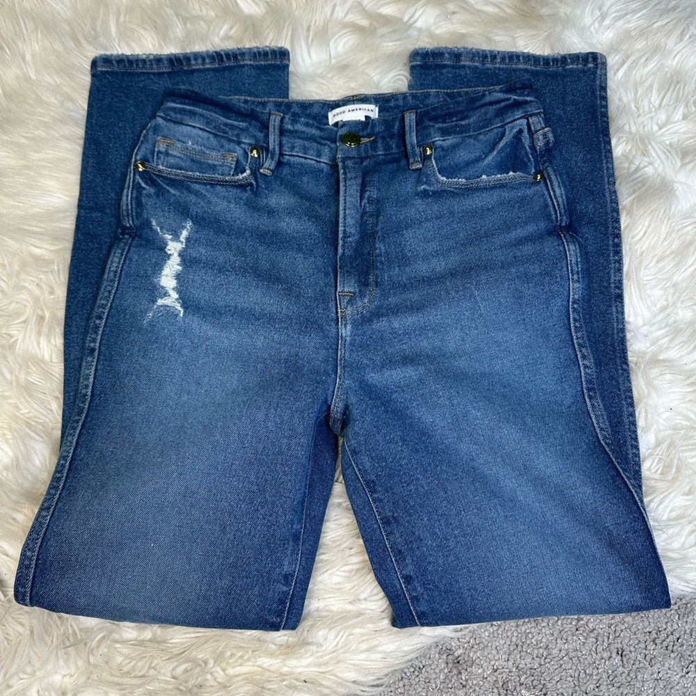 NWOT Good American distressed Blue Denim Jeans straight leg